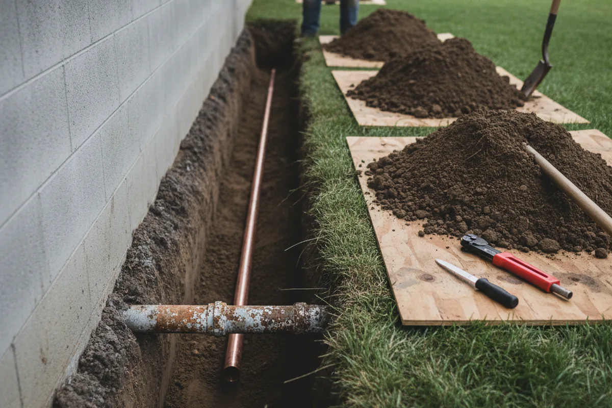 Excavated water line trench during Water Softener Installation in Diberville